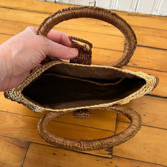 Vintage Two-Tone Lined Straw Bag With Circular Handle - Picture 4 of 6